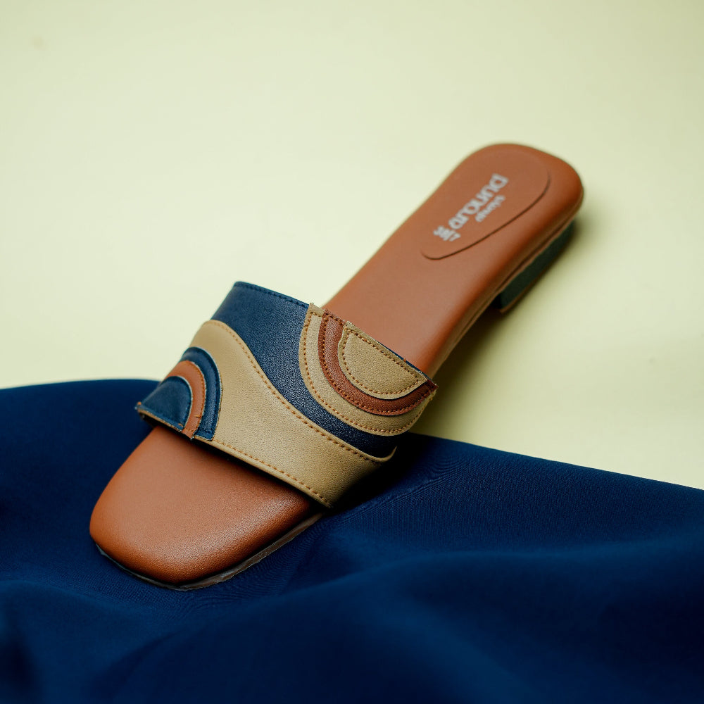 Around Always tan navy flat slide sandals
