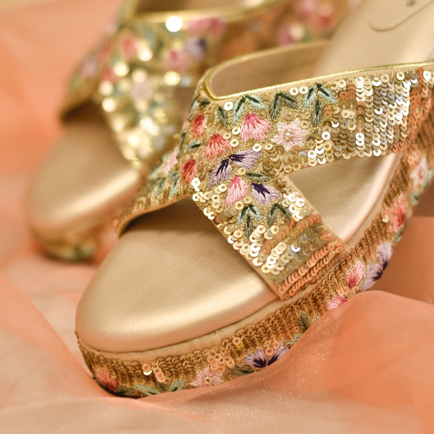 Golden embellished high heels for weddings and festivals