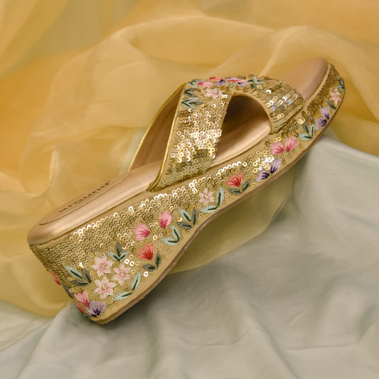 Sequins Golden Cocktail and Sangeet Wedges for Women