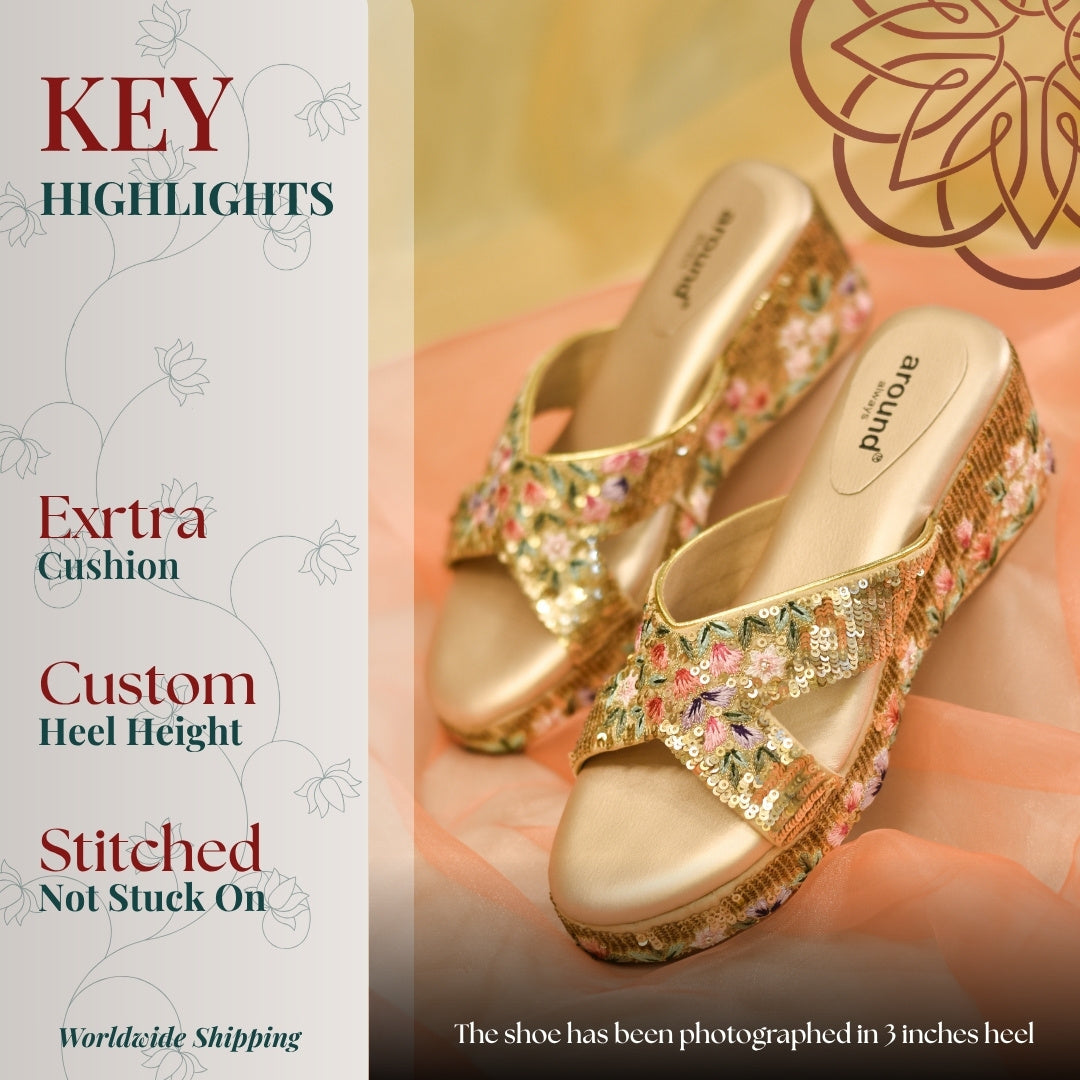 Traditional golden  wedge heels with floral intricate embroidery and comfortable fit