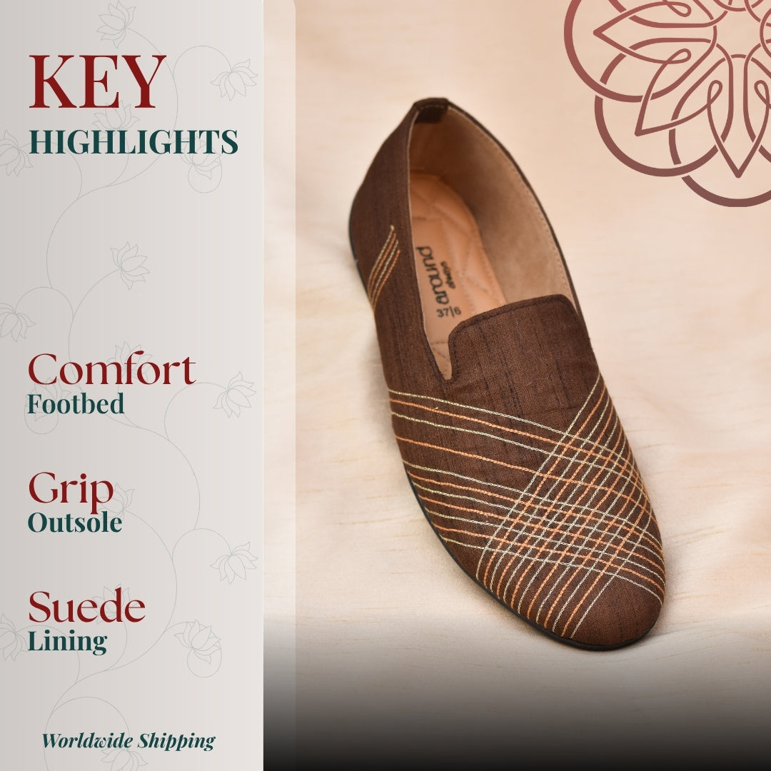 Textured brown loafer with fine line stitching pattern