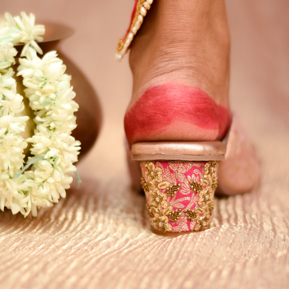 Pink ethnic sandal with low block heel and cushioned insole