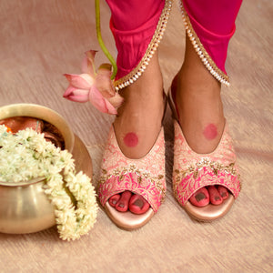 Festive mule heel with beadwork and textured brocade upper