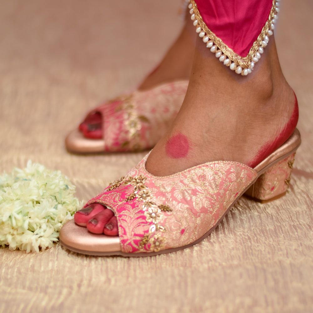 Pink and Peach open-toe heel with gold woven floral pattern