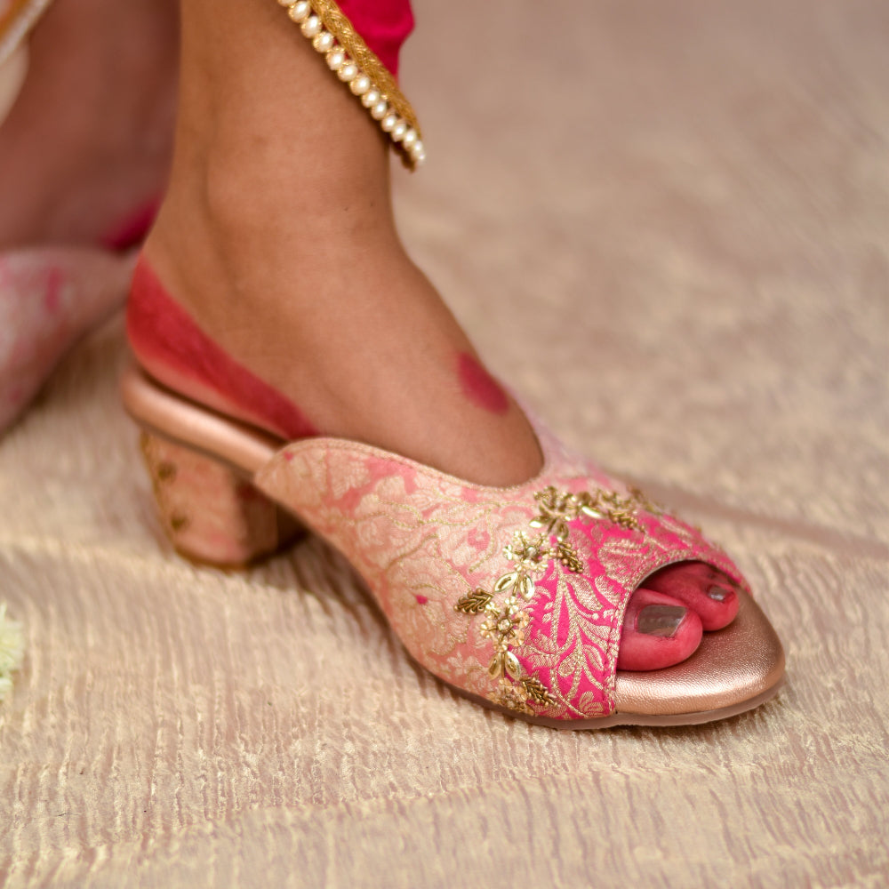 Women’s occasion footwear in pink tone with intricate embroidery