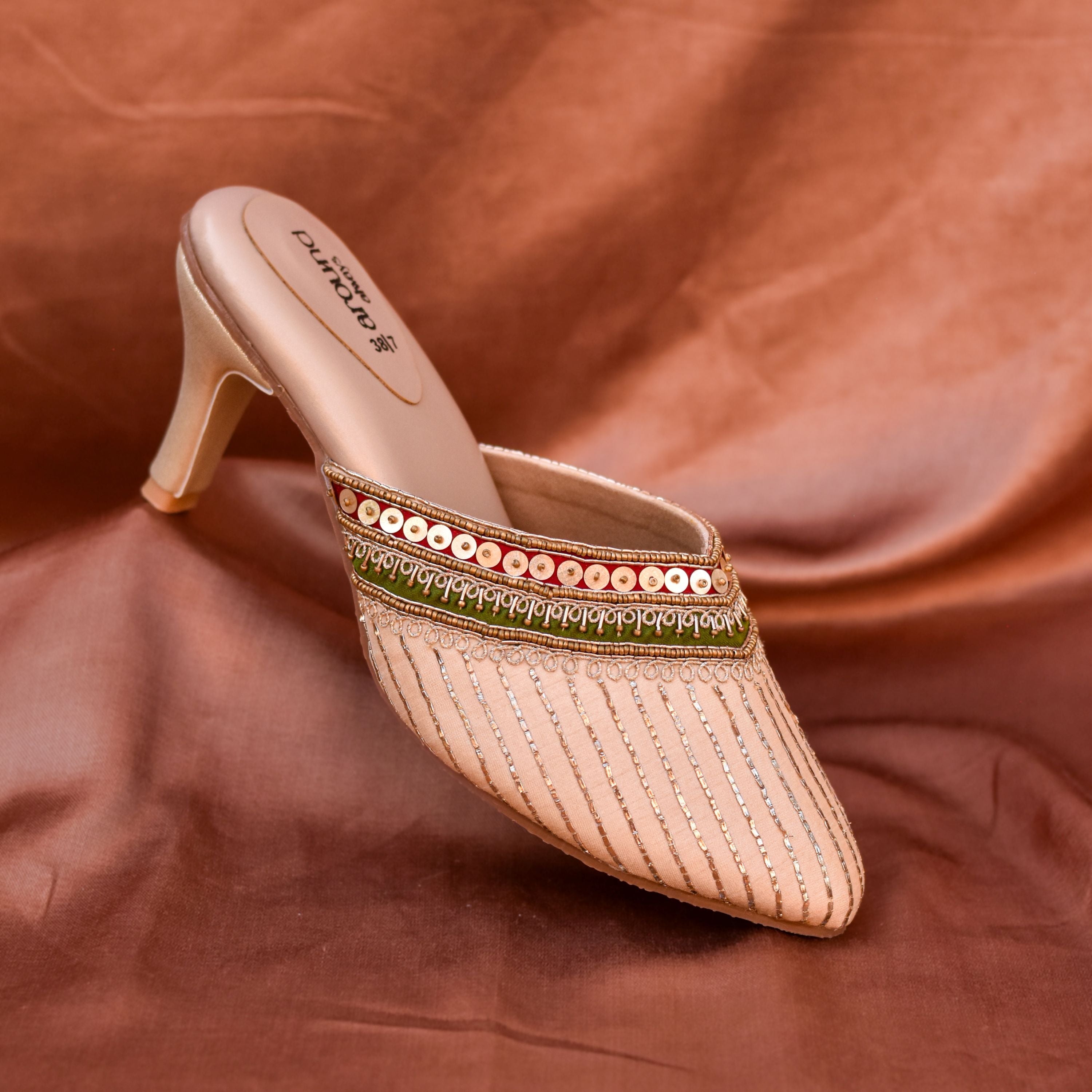 Party wear Indian heels with shimmer stripes and colorful detailing.