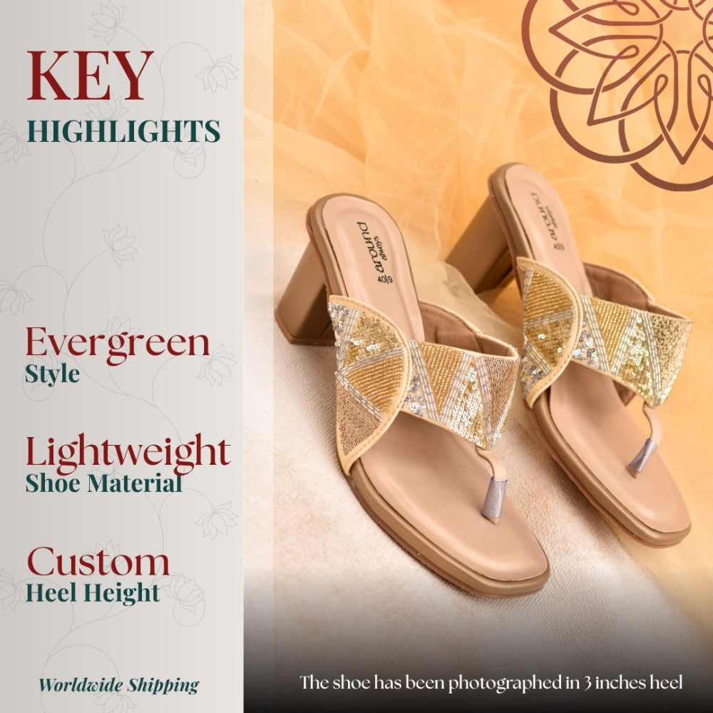 Golden festive sandals with shimmering sequin straps and structured heel