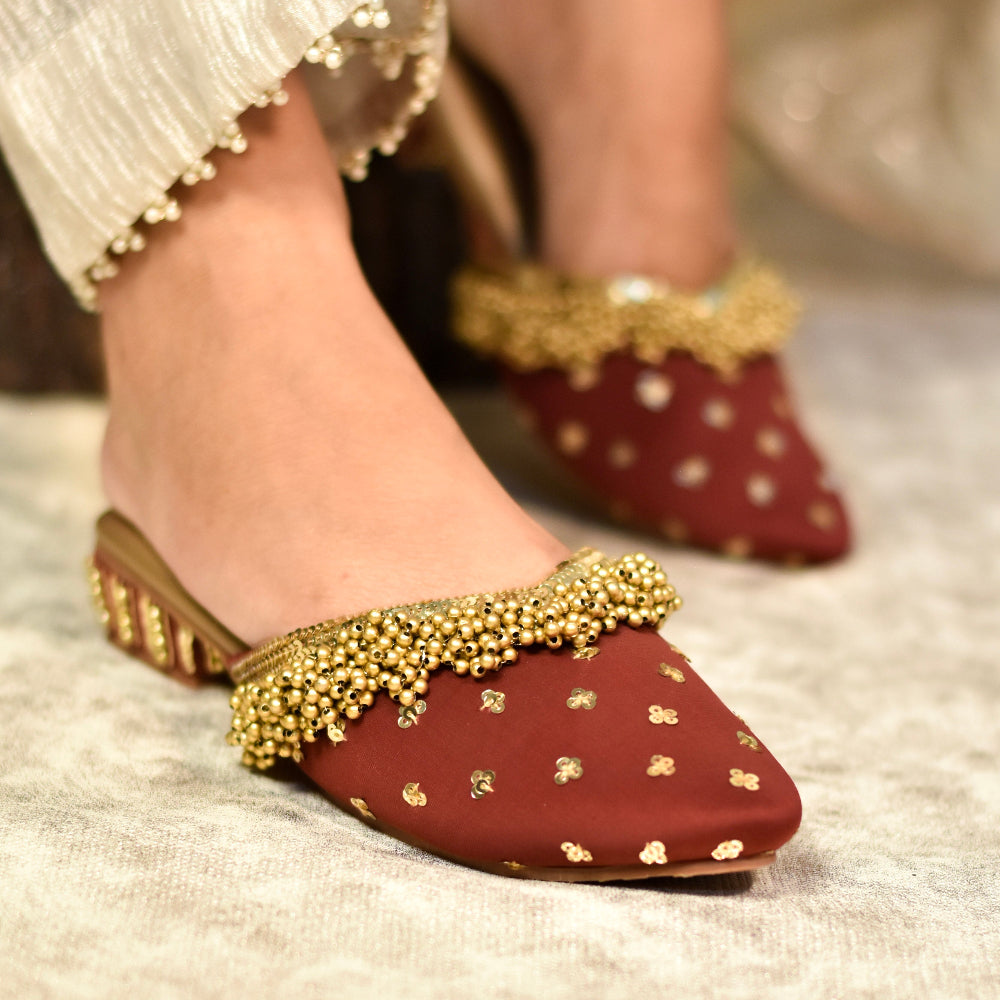 Festive women's mules with beaded upper and maximalist design in affordable price