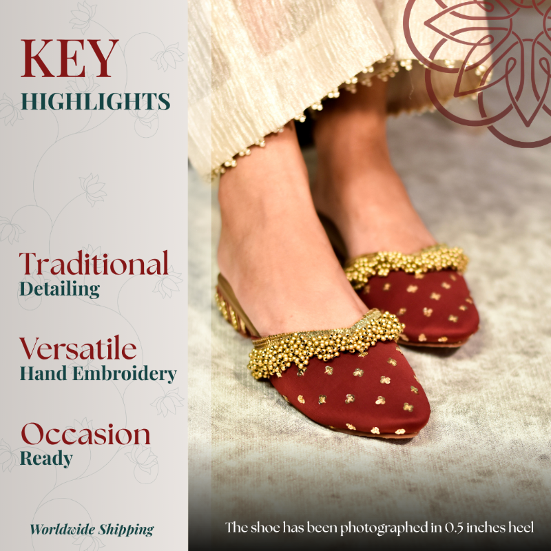 Traditional Red ethnic mules with gold bead detailing and block heels for Indian festive