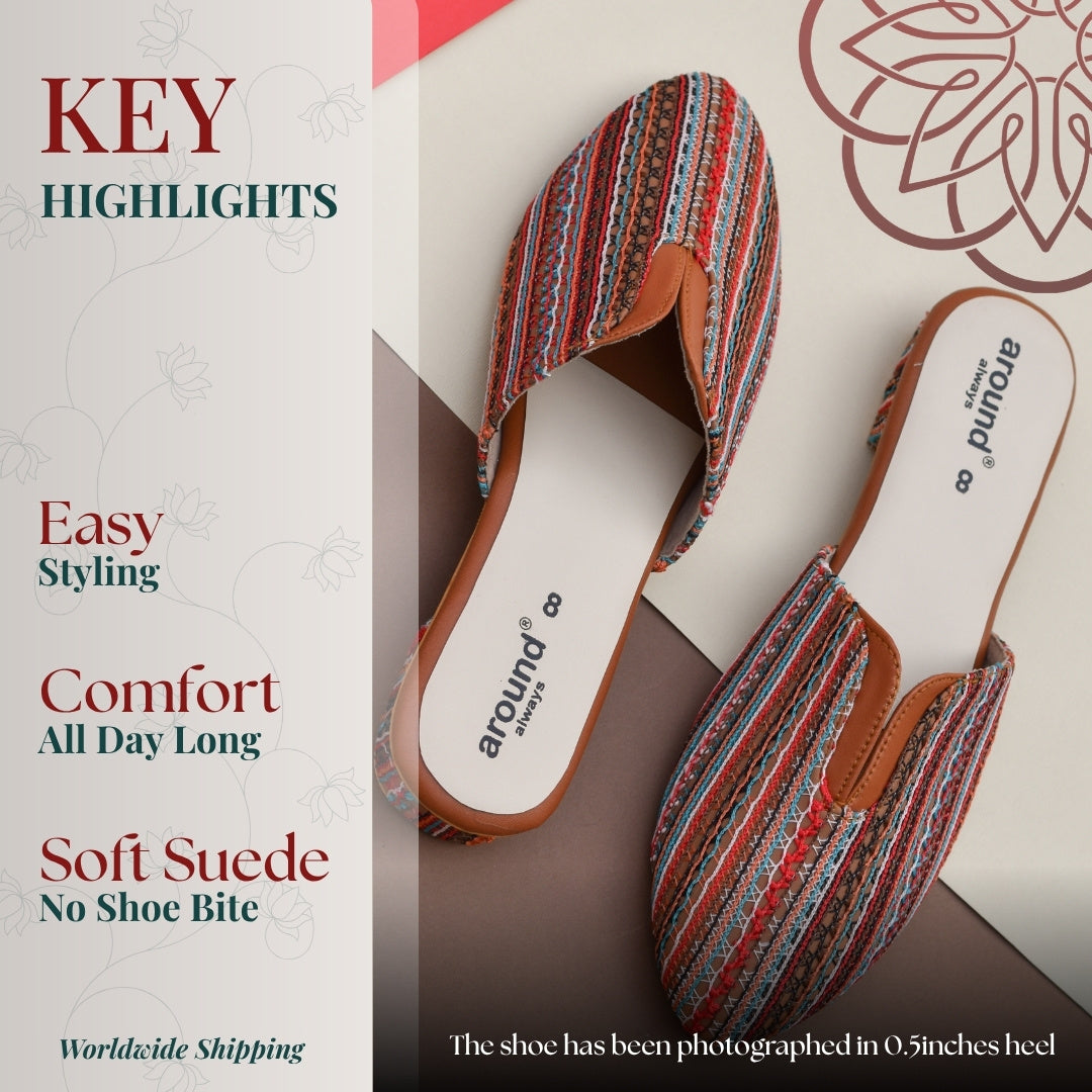 Handmade style mojri shoes with textured fabric and easy slip on design