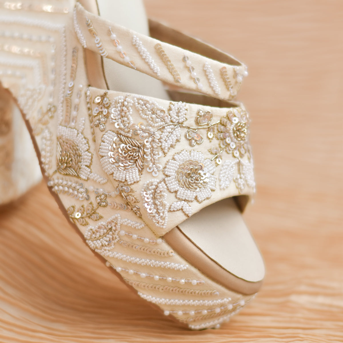 Handcrafted ivory wedge heels with embroidered straps and high heels upto 6 inches