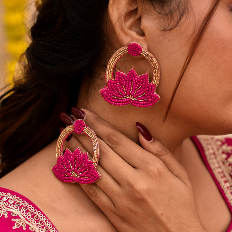 Lotus shaped hoop earrings for haldi and mehendi