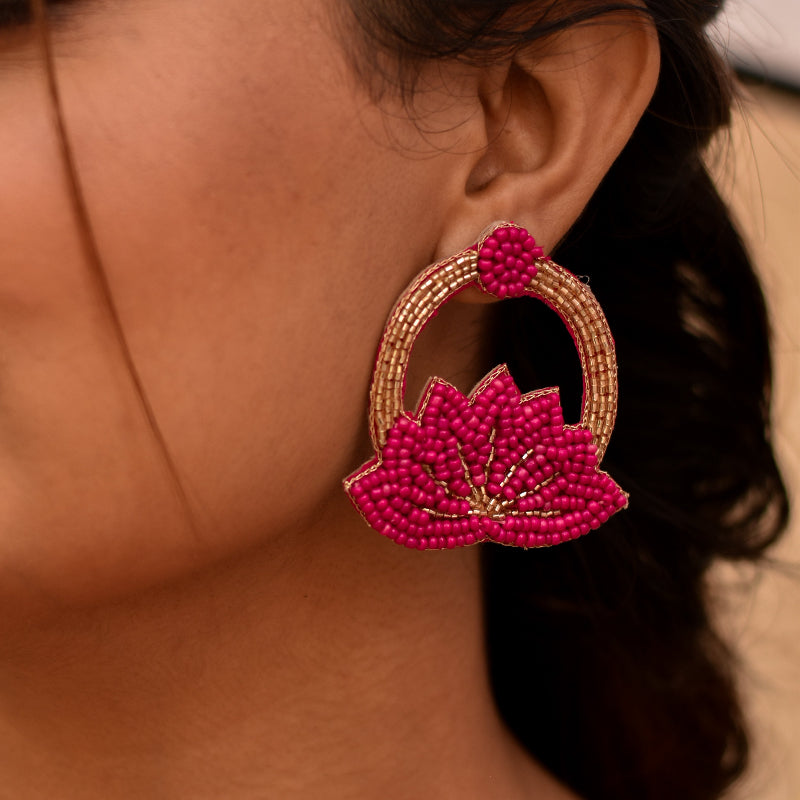 Hot pink and gold beaded earrings hand crafted in India for ethnic attires.