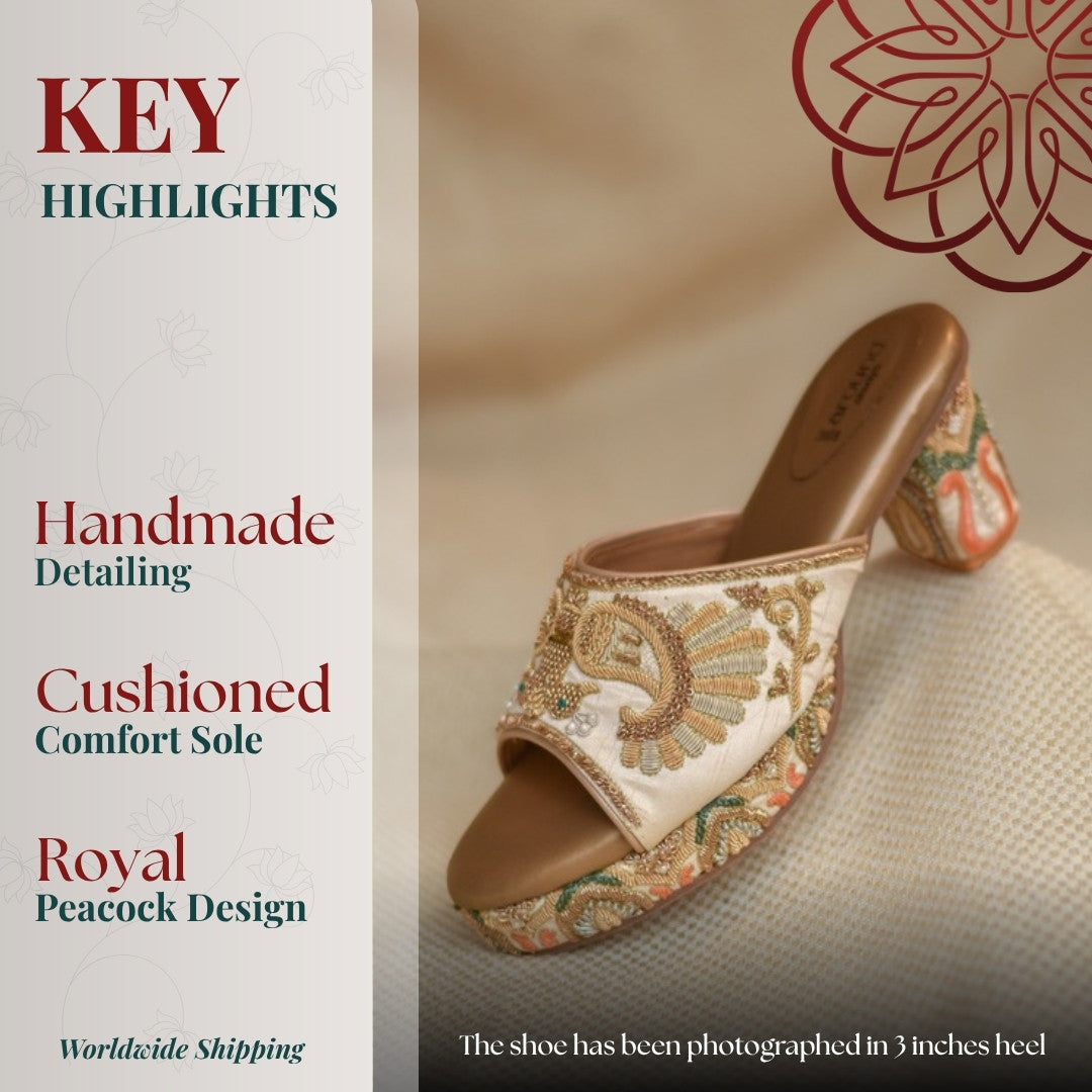 Vanya Peacock Sandals key highlights: handmade detailing, royal peacock design and cushioned comfort sole, shown in a 3 inch heel