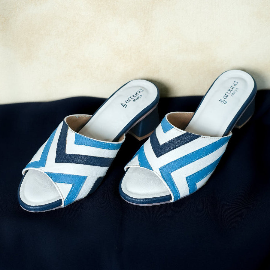 White and blue geometric open-toe sandals with block heel
