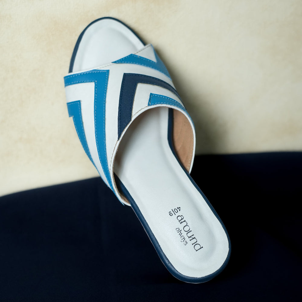 Around Always white sandals with blue geometric strap detailing