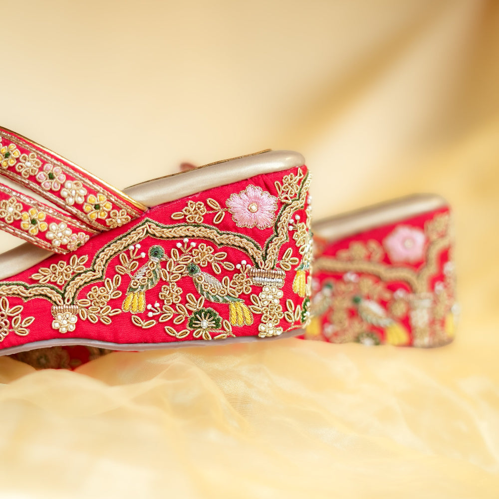 Red festive wedge heels with embroidered birds, flowers and cushioned footbed
