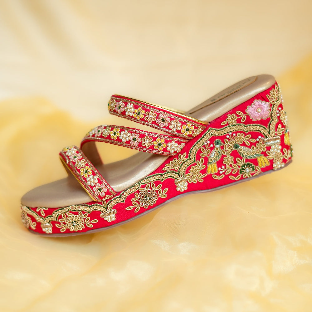 Bridal wedge sandals with intricate threadwork, embellished straps and floral detailing
