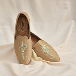 Warm Beige silk loafers with intricate ivory threadwork and soft padded footbed

