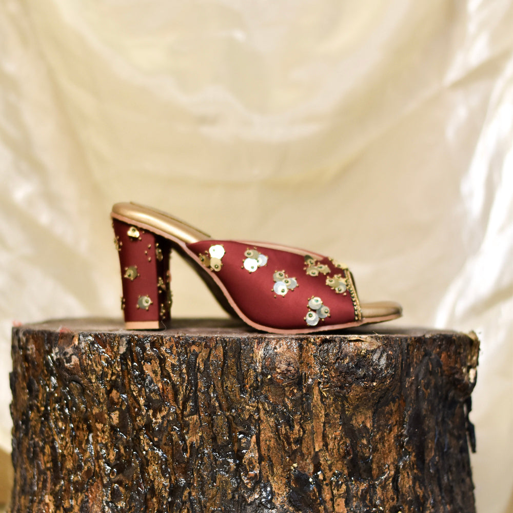Ethnic mule heels with embellished upper and mid heel