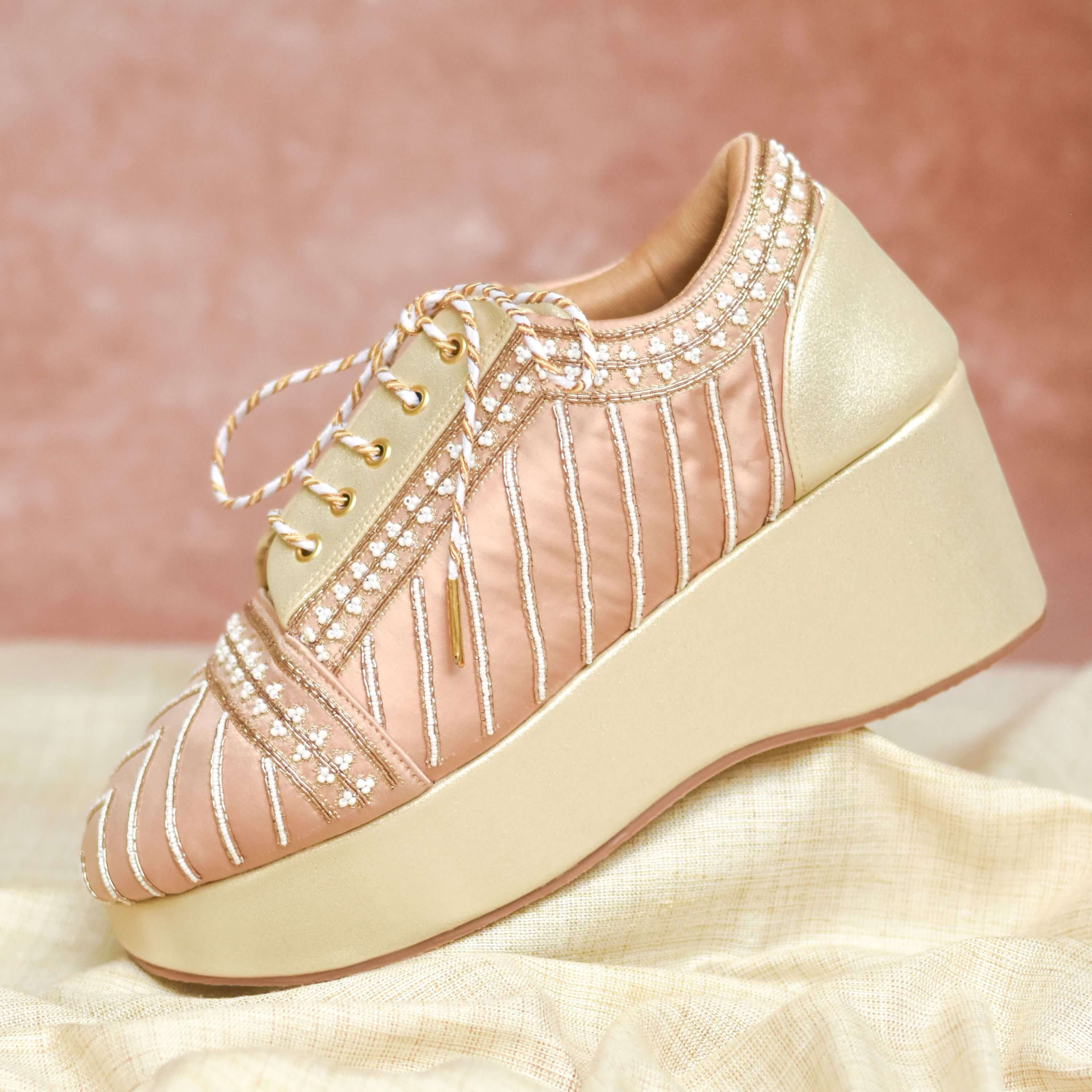 Festive champagne heels with metallic embroidery and bead lines