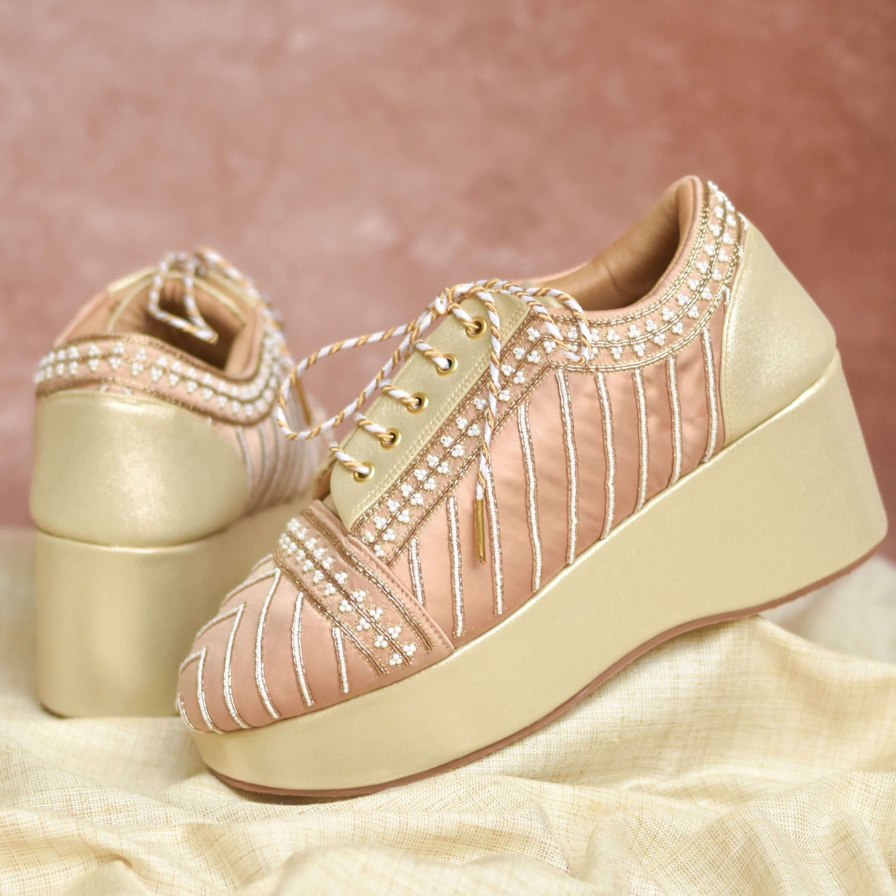 Geometric inspired heels in gold with cushioned platform sole