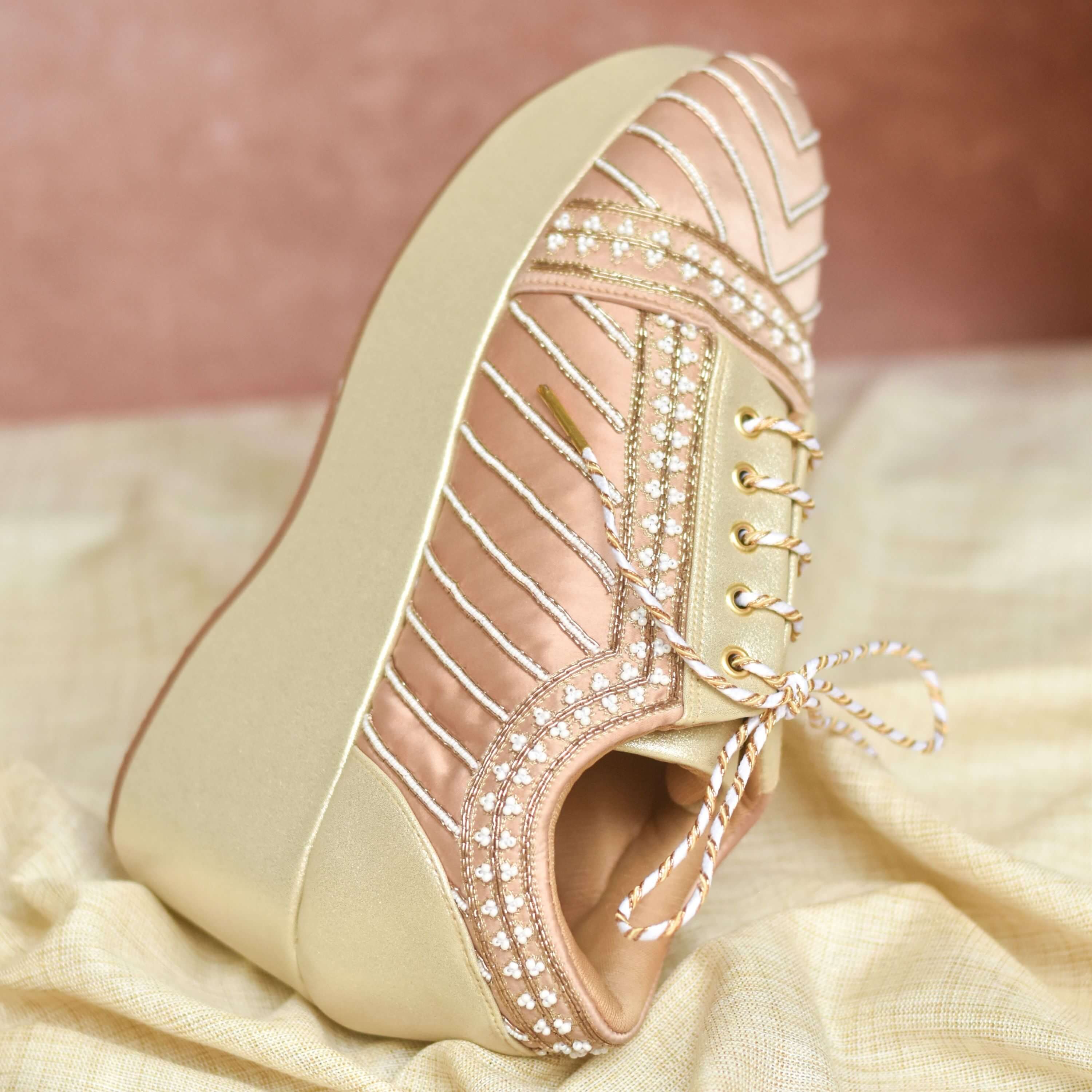 Structured platform heels with beaded geometric pattern