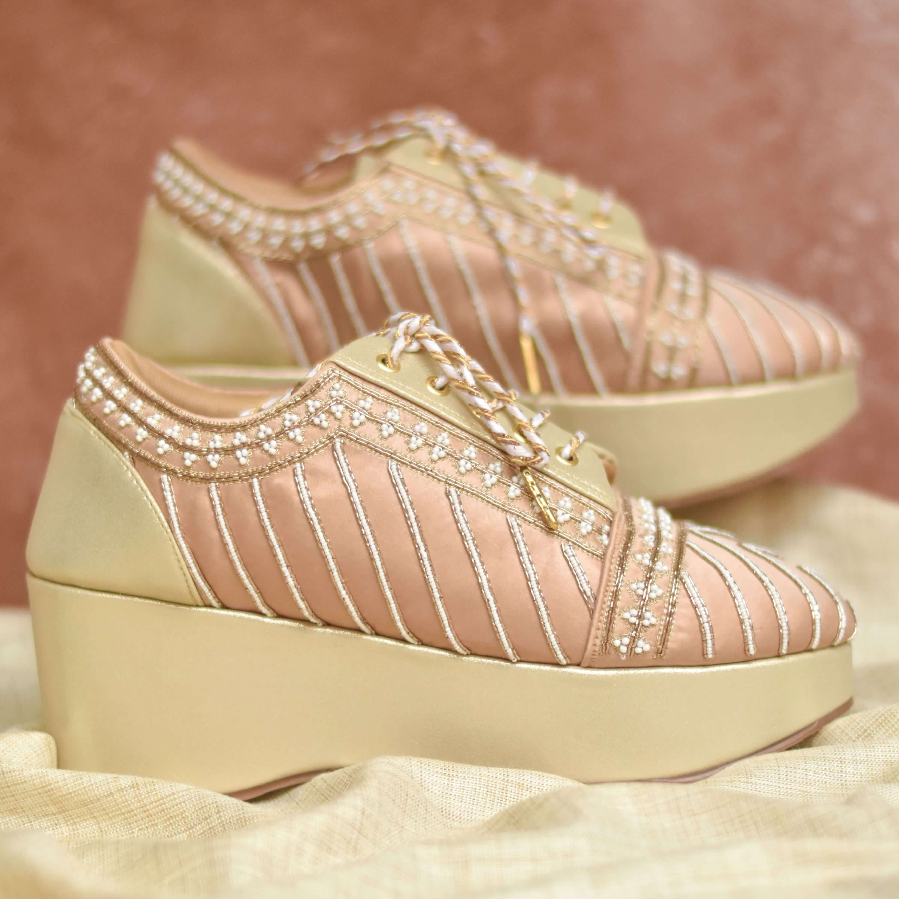 Champagne shimmer heels with beads and zardozi