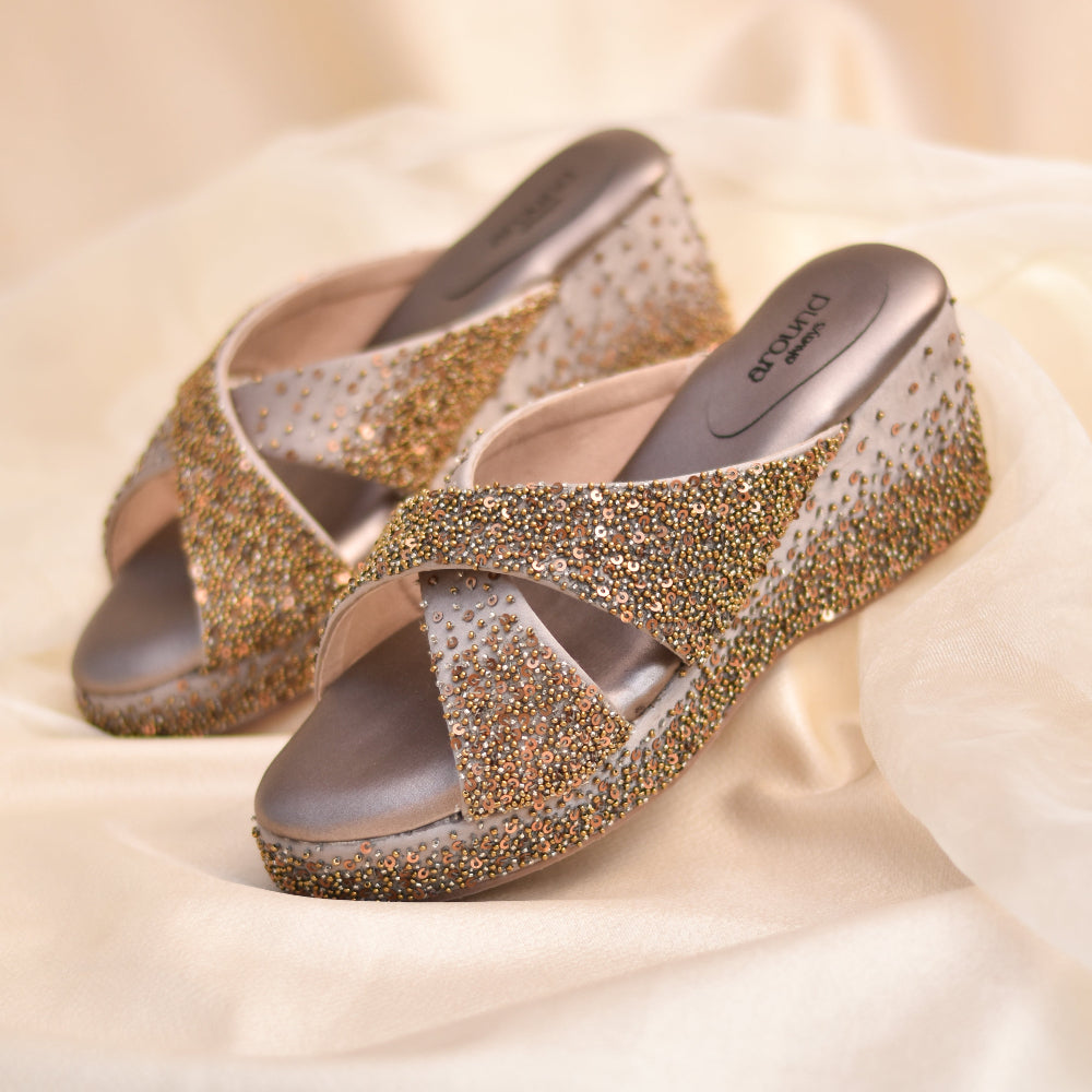 Wedding occasion grey platform slides with embellished upper