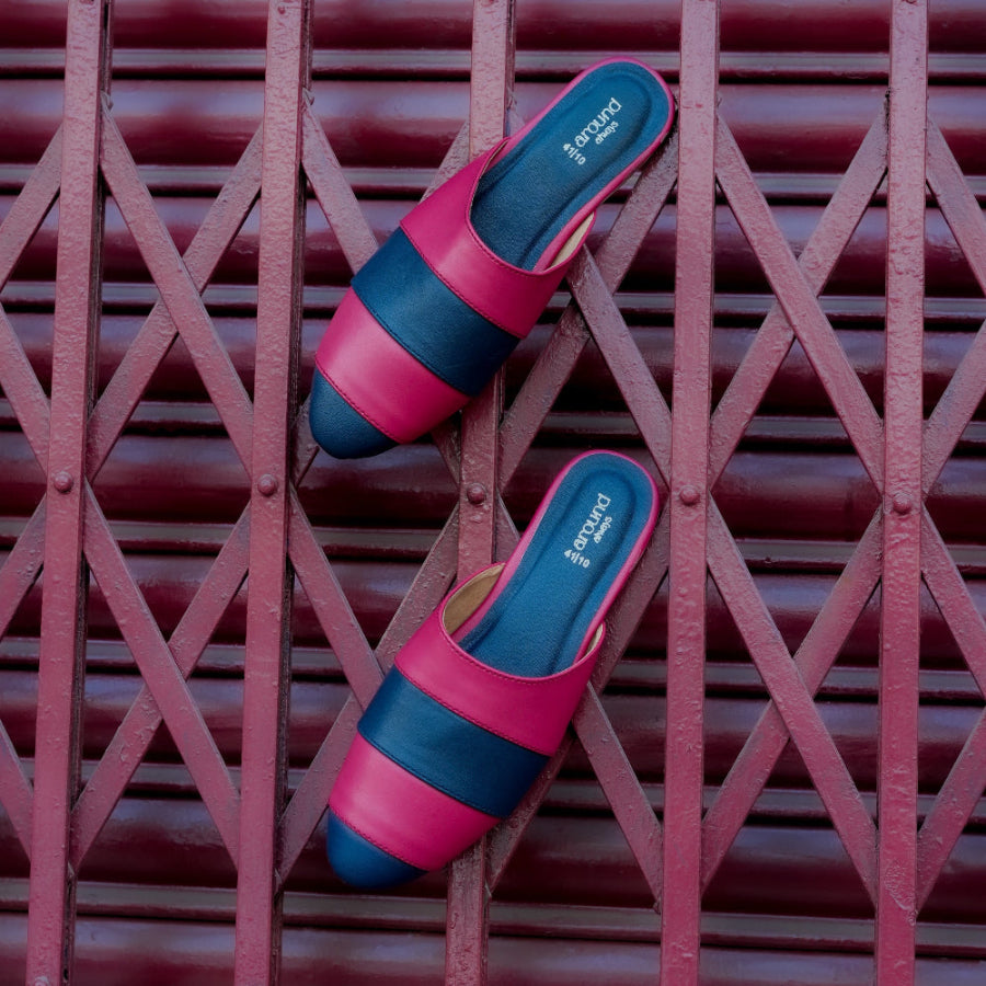 Casual flat mule with graphic colour blocking and comfortable slip on shape