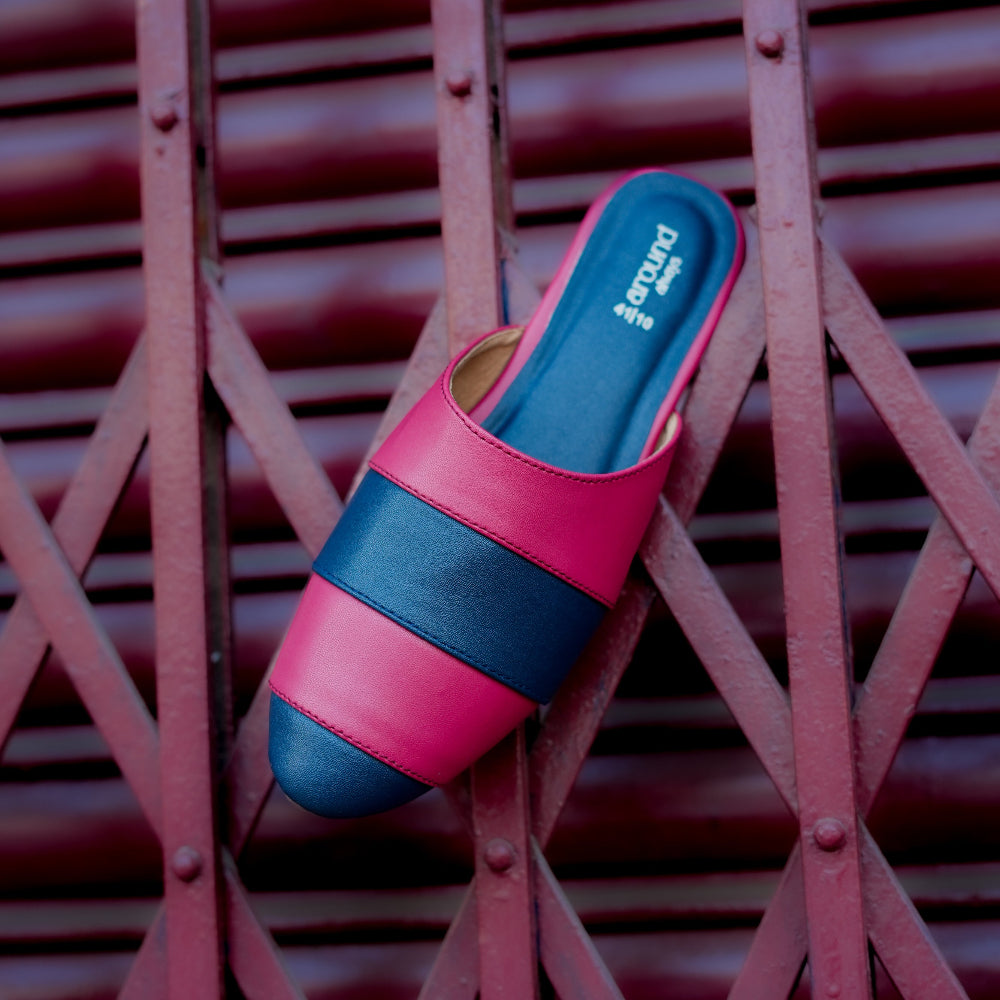 Colour block mule in pink and deep blue with rounded toe and contemporary styling