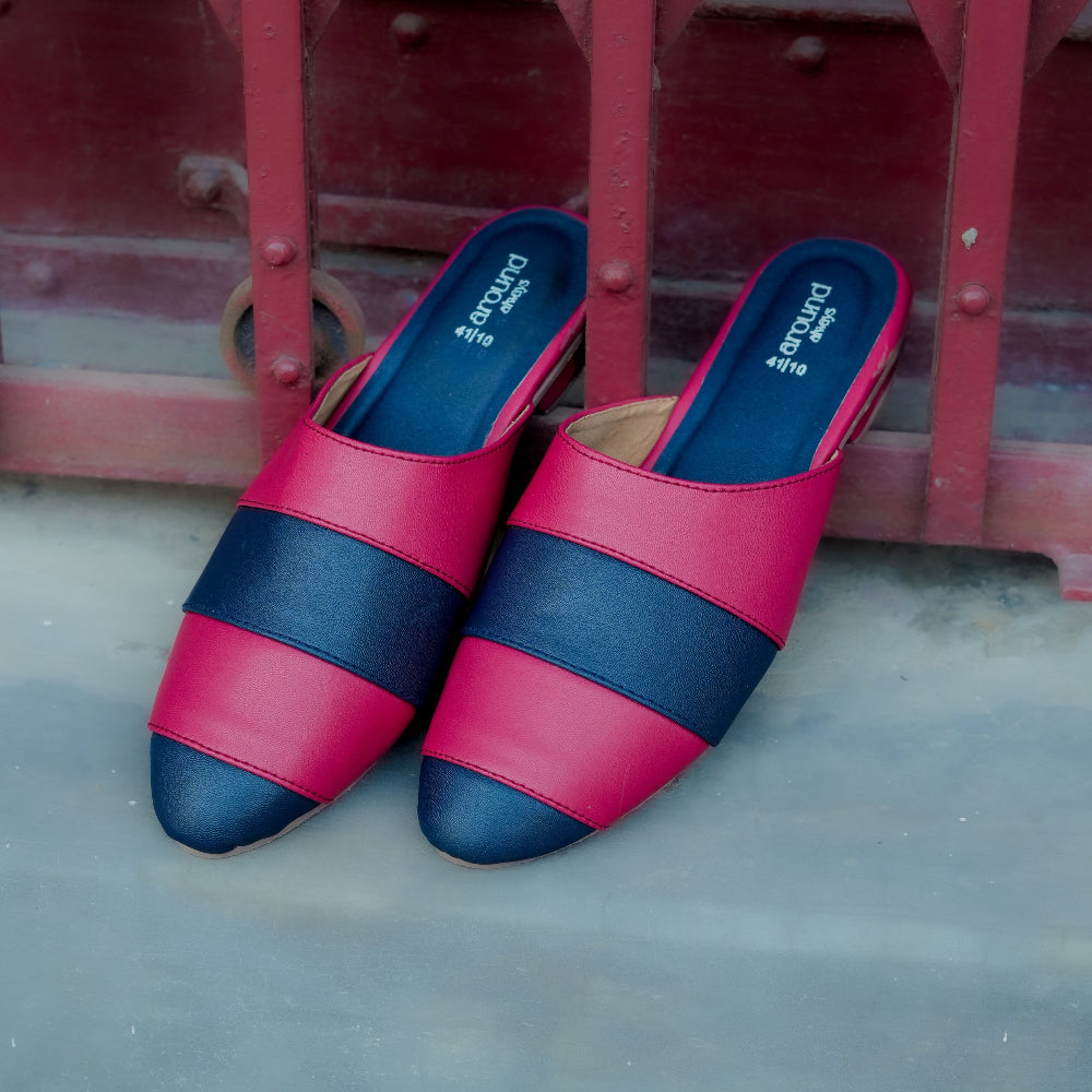 Burgundy and navy blue flat mules with bold striped design and cushioned footbed