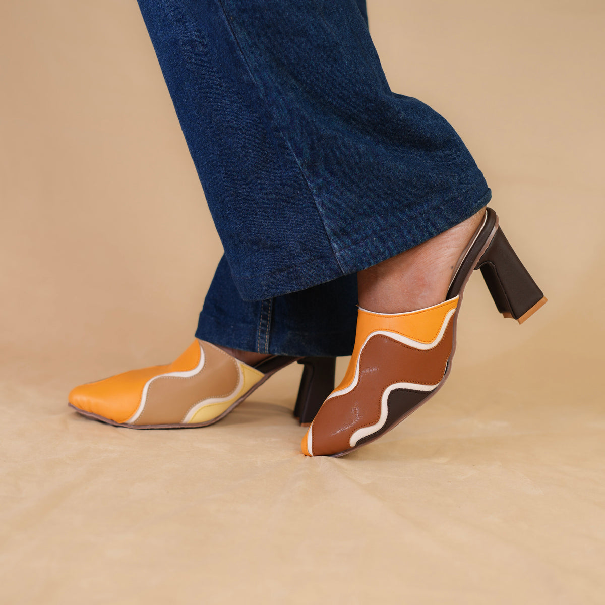 Multicolour casual mules with stitched panels and comfort soles