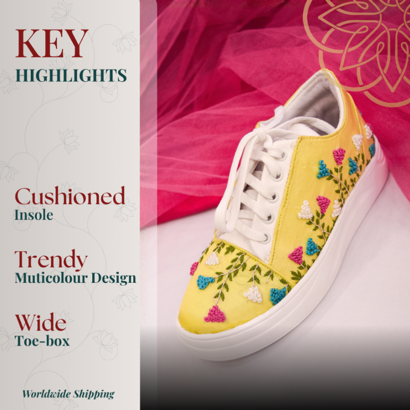 Yellow sneaker with floral design with cushioned insole