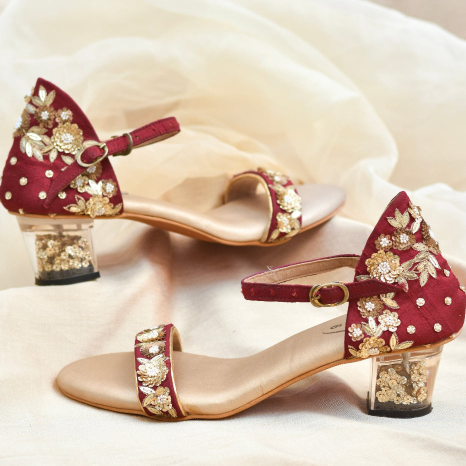 Bridal wine sandals with ankle buckle and transparent block heel