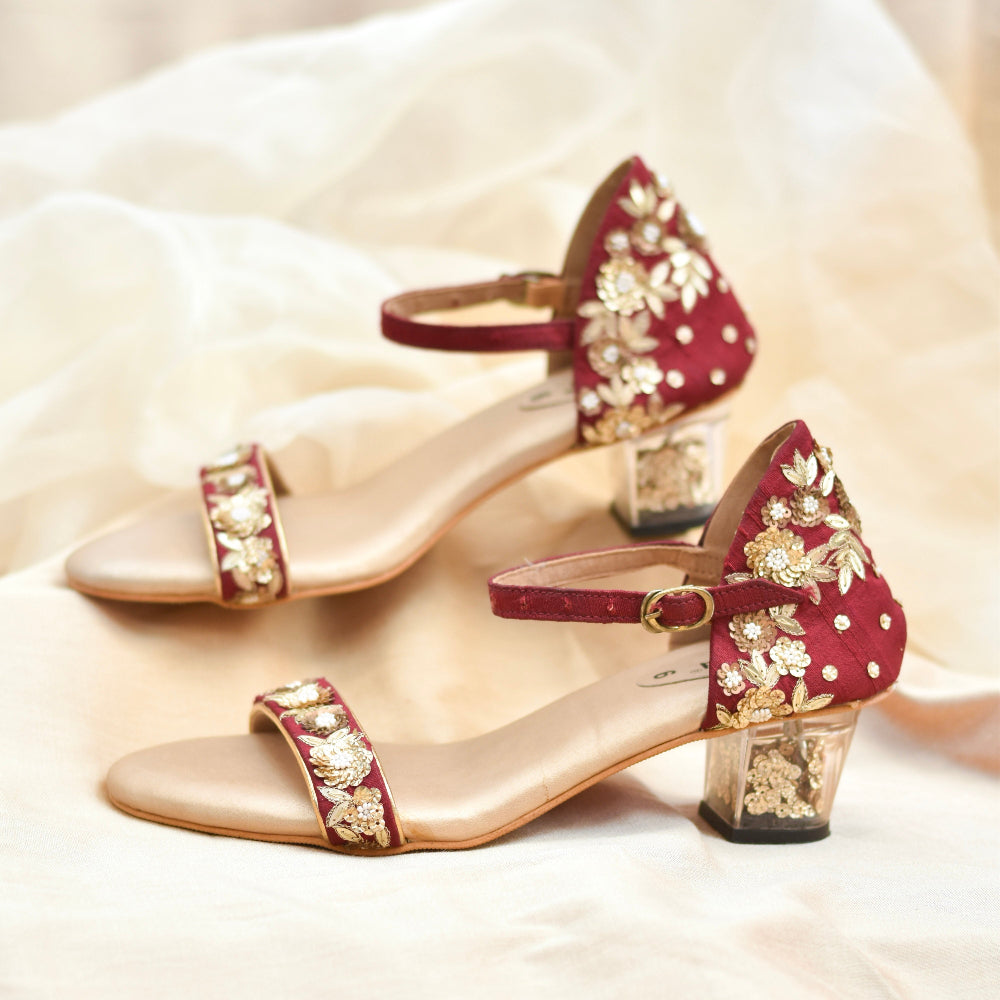 Wine ankle strap heels with floral metal leaf motifs and clear block heel