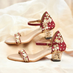 Wine ankle strap heels with floral metal leaf motifs and clear block heel