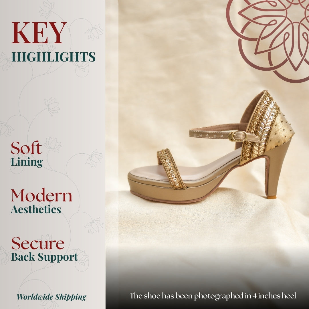 Gold embroidered pencil heel sandals with ankle strap and platform sole in elegant neutral tone