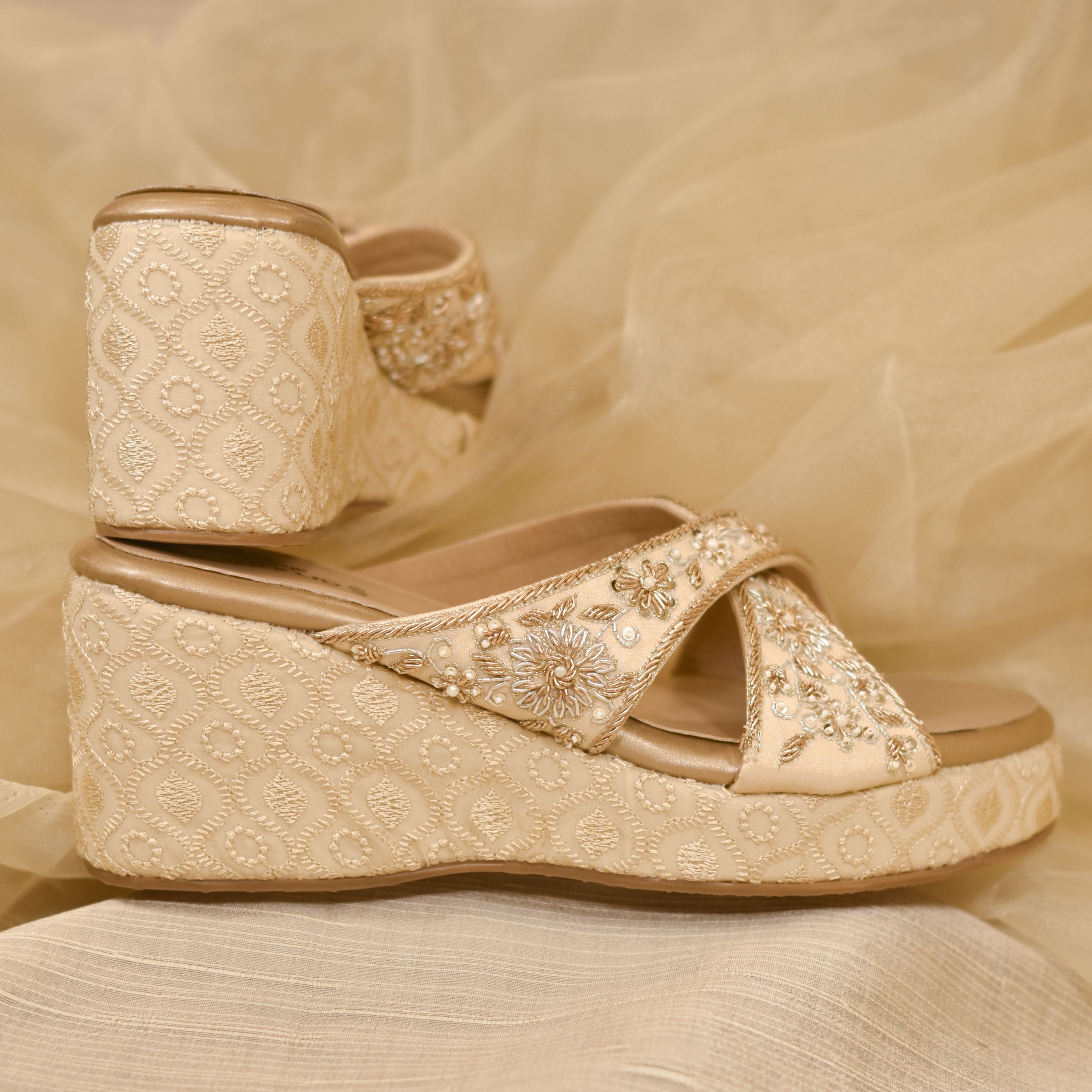 Indian bridal heels with brocade base and criss-cross embroidered straps