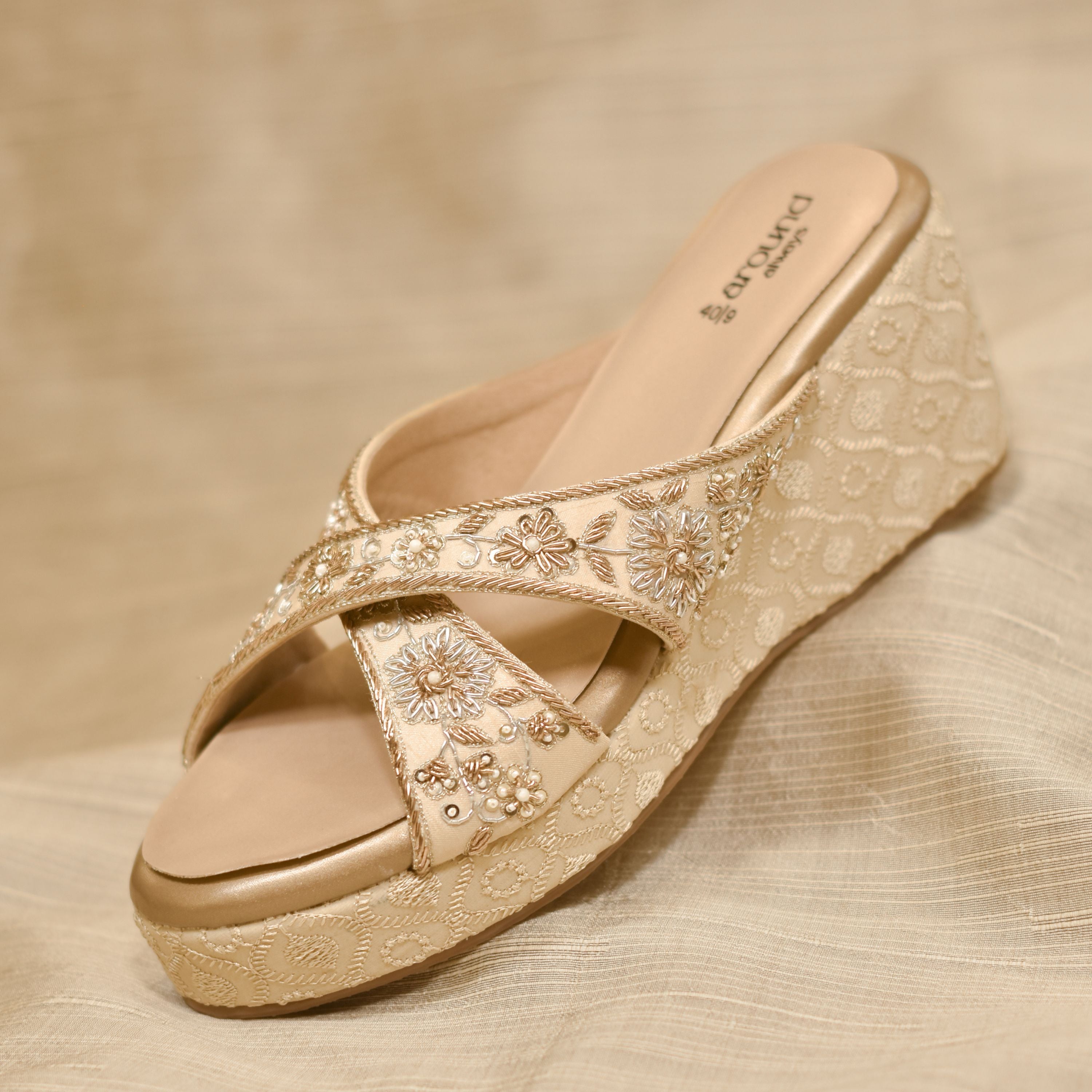 Gold wedding wedges with crossover straps and floral beadwork