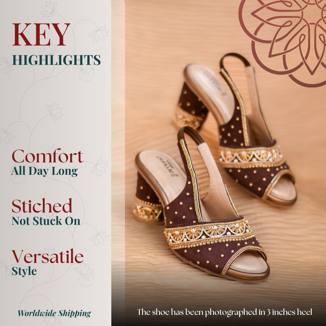 Brown embroidered heels with gold detailing, open toe design, and sturdy mid block heel