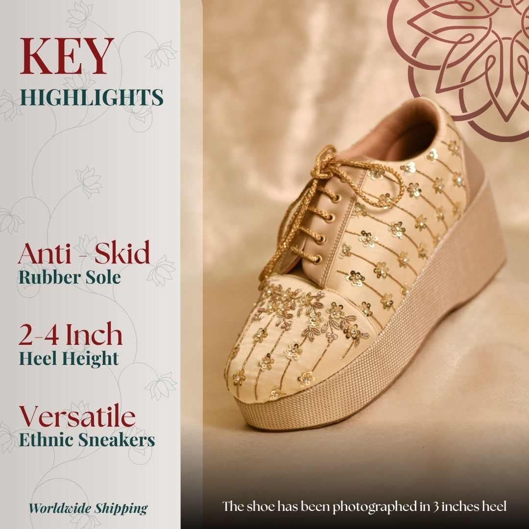 Golden sequins embellished ethnic sneakers with custom heel height options and minimal design