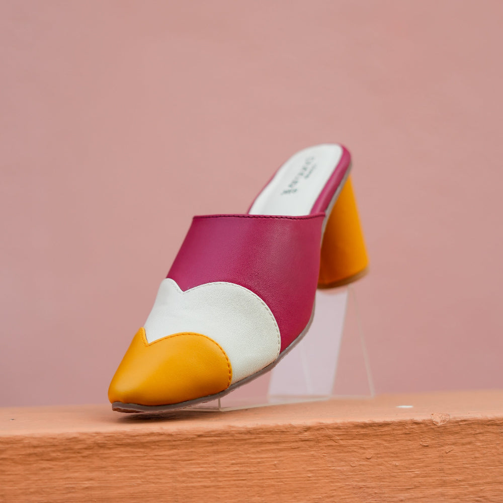 Fuchsia and mustard heeled mule with contrast ivory detailing and cushioned footbed