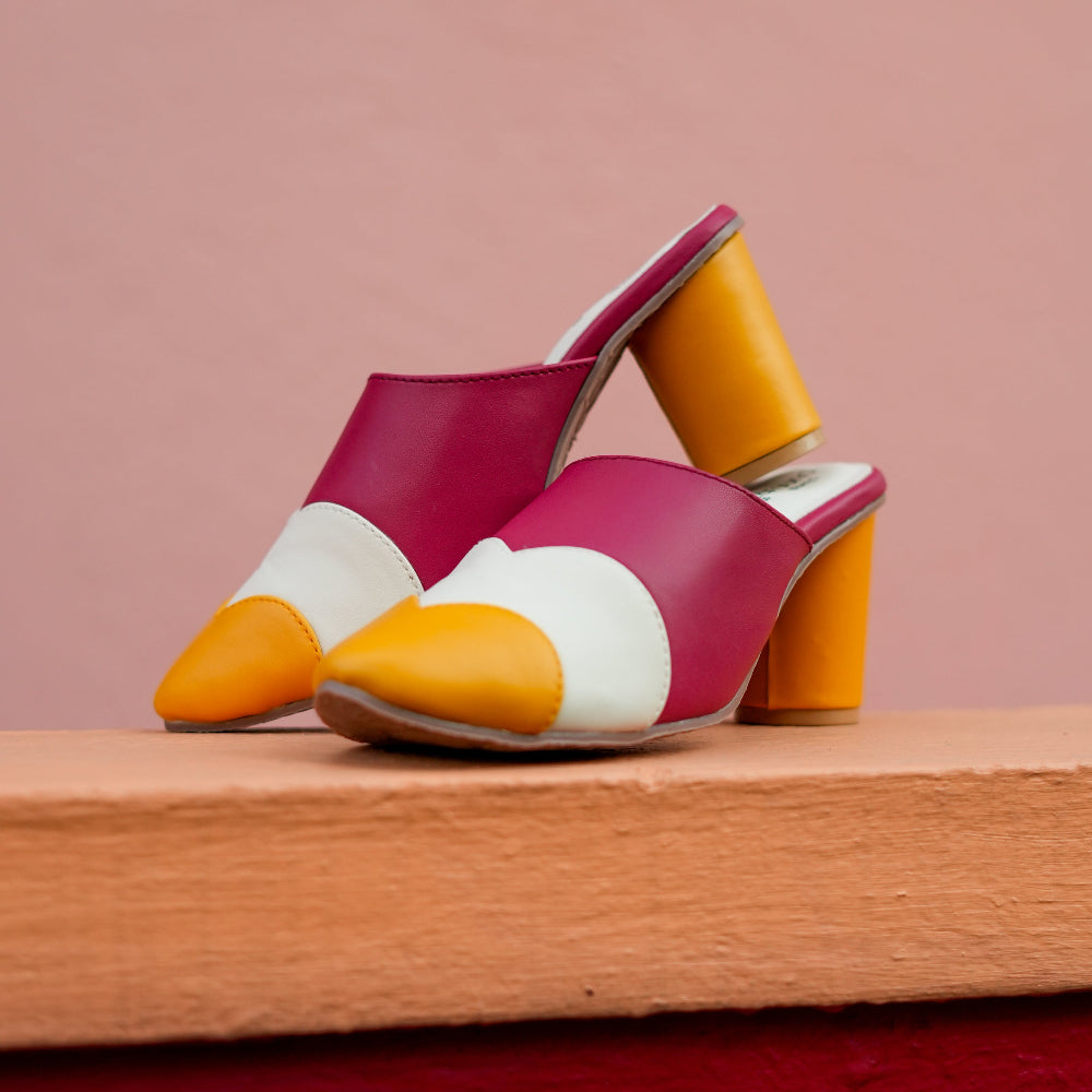 Colour block heeled mule in pink, ivory, and mustard with pointed toe and block heel