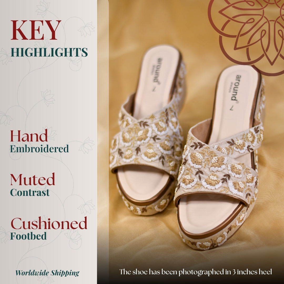 Classic soft beige wedges sandals with muted gold embroidery and smooth sole