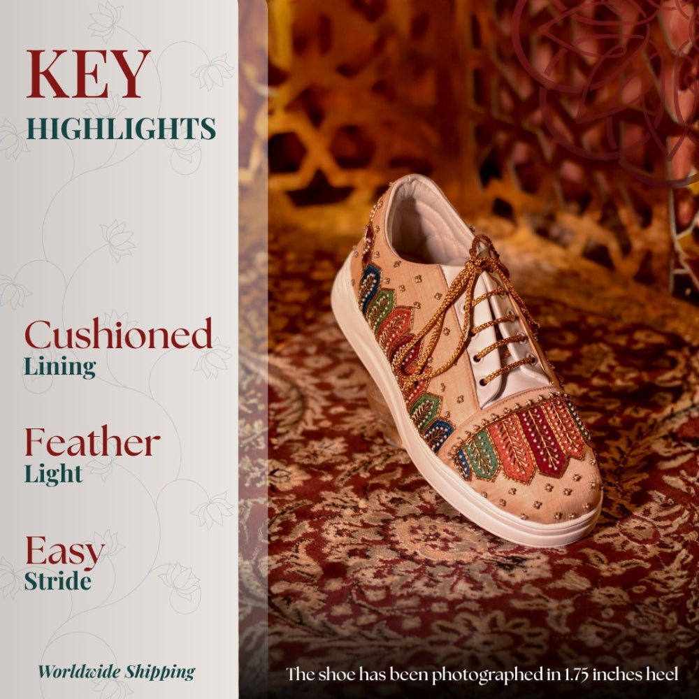 Decorative sneaker with vibrant stitched patterns and padded interior