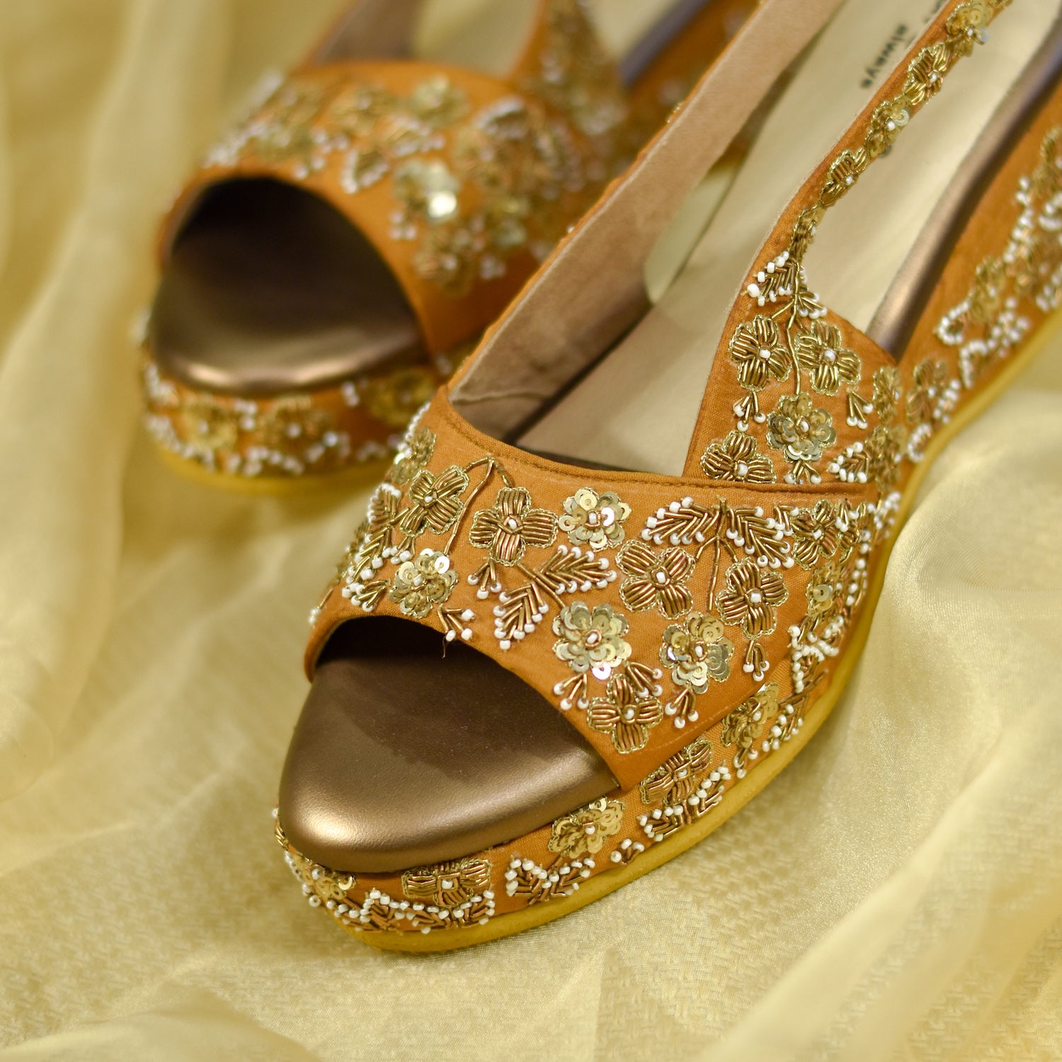 Zubeida Wedges Golden Royal Bridal Footwear from India