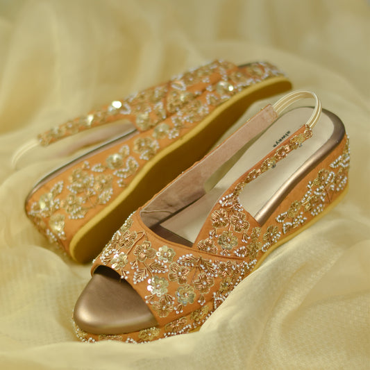 Golden embroidered wedding wedges for royal Indian brides
