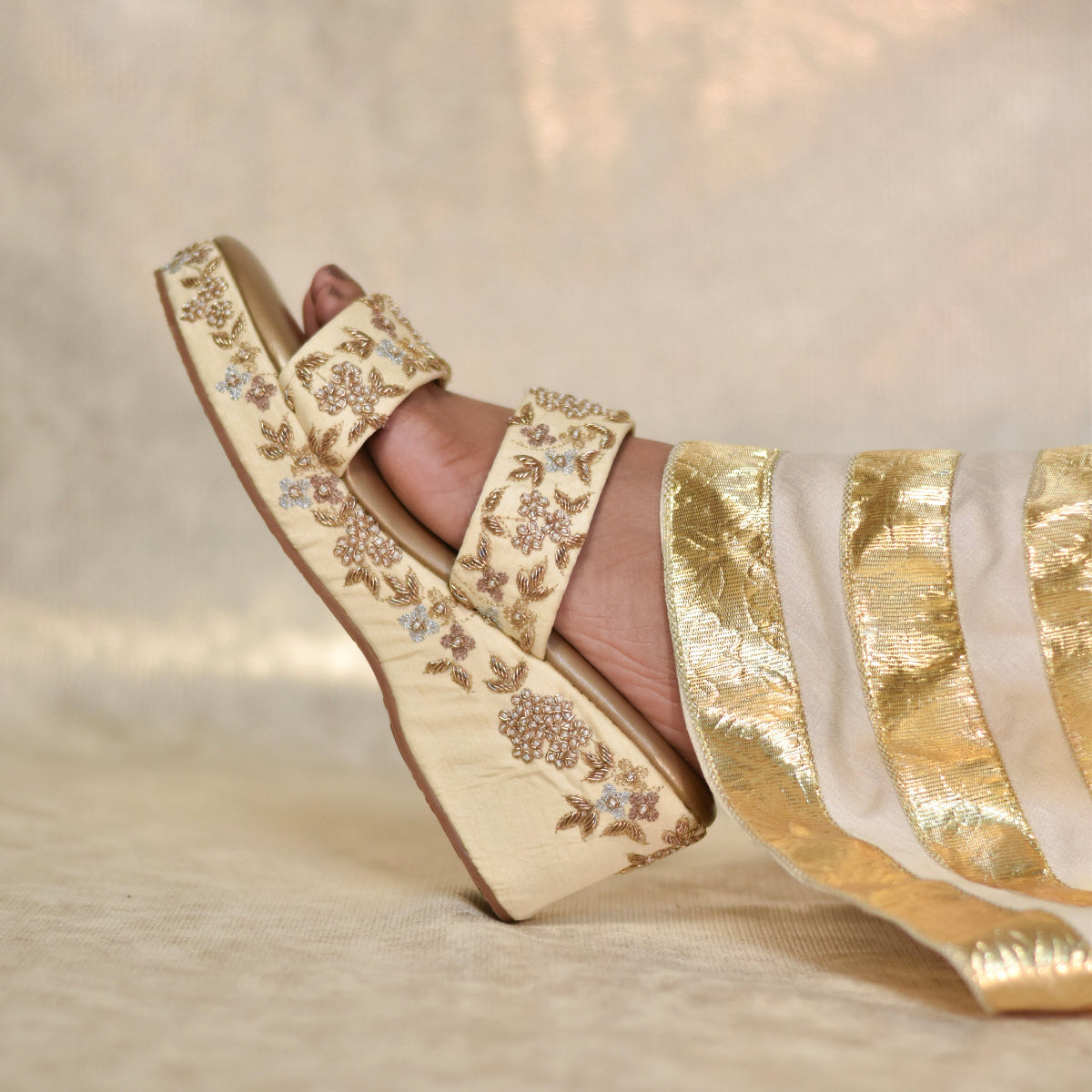 Golden versatile wedding heels with minimal zardozi hand embroidery