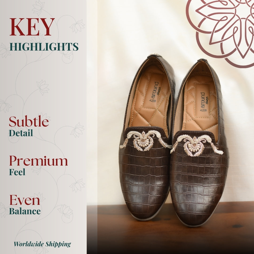Brown ethnic loafers with croc texture, off white embroidery, and cushioned comfort